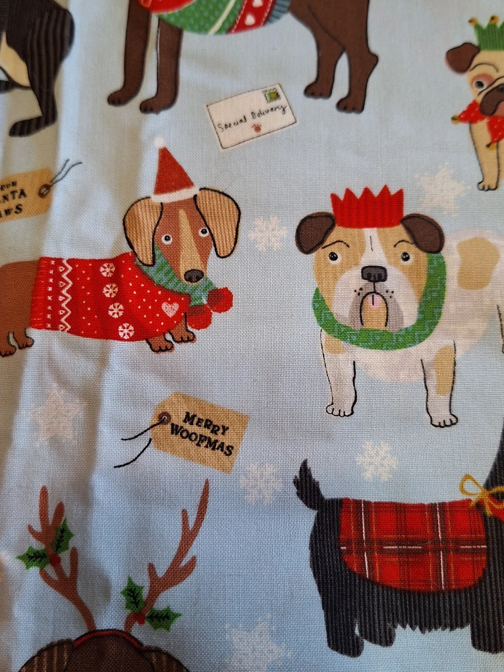 4 Yards Merry Woofmas Holiday Dog Print Light Blue Fabric